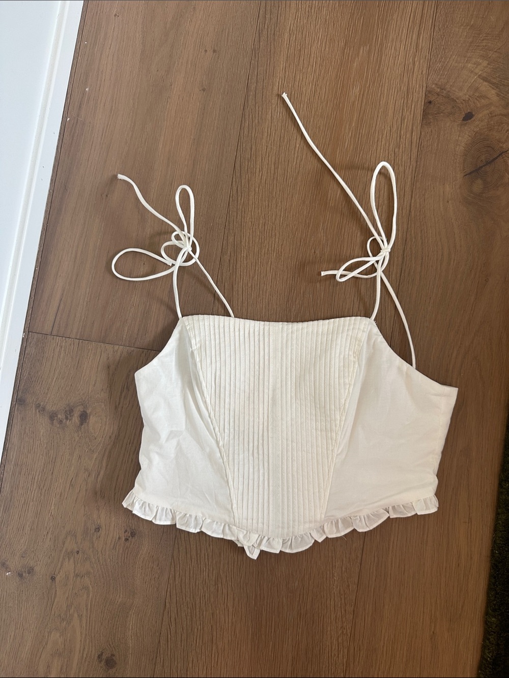 Zara Cream Pintuck Tie-Shoulder Crop Top